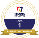 Manna Holdings Level 1 B-BBEE contributor certification badge.