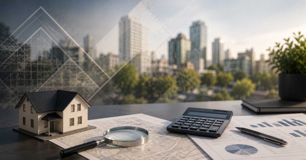 Manna Holdings Property Valuations banner featuring a property model, valuation documents, calculator, and modern office workspace